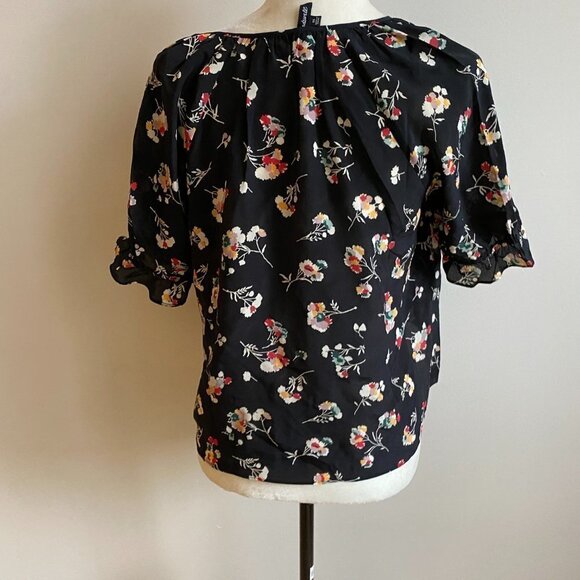 MADEWELL BNWOT Black Floral Vneck Ruffle Short Sleeve Top  Sz XSmall Silk - Picture 5 of 8